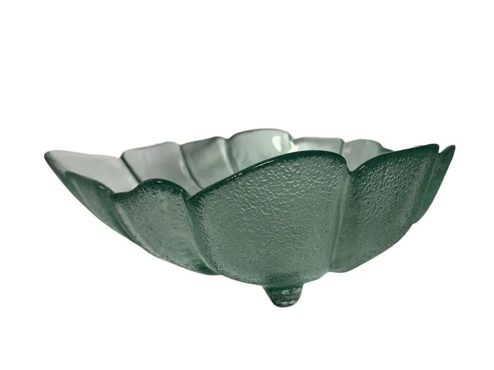 VTG MCM RETRO DEPRESSION GREEN LEAF FOOTED large GLASS BOWL DISH ART DECOR